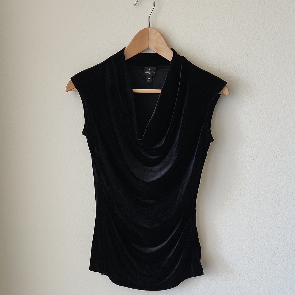 Worthington Black Velvet Cowl Neck Sleeveless Top Ruching on Sides Sz SP Formal